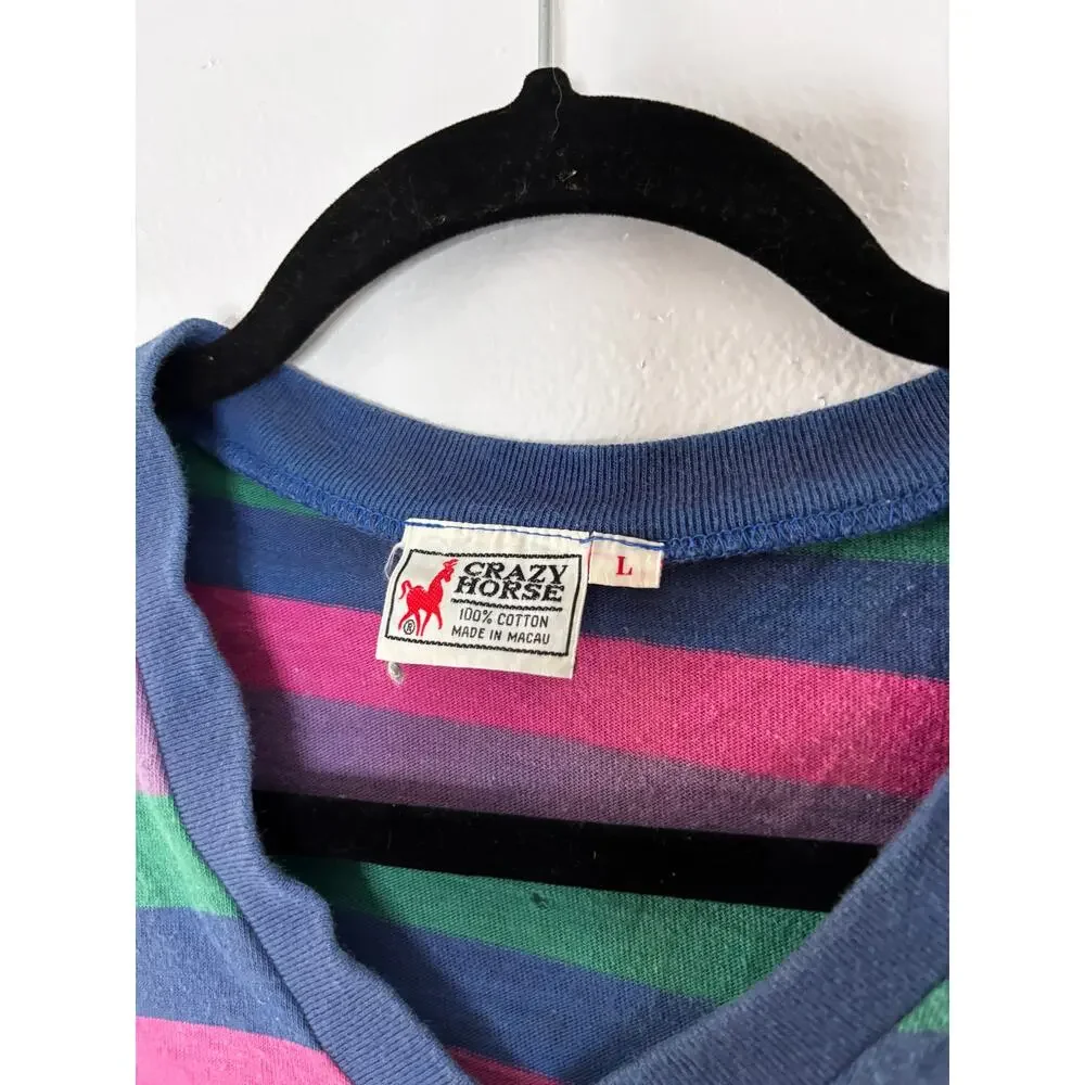 Vintage 1990s Crazy Horse Striped T-Shirt Kids L Fits Adult S Blue Pink Green
